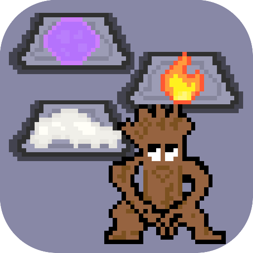The Refuge app icon: a pixel-art tree creature standing beside three stone tablets marked with a purple crystal, a flame, and a cloud.
