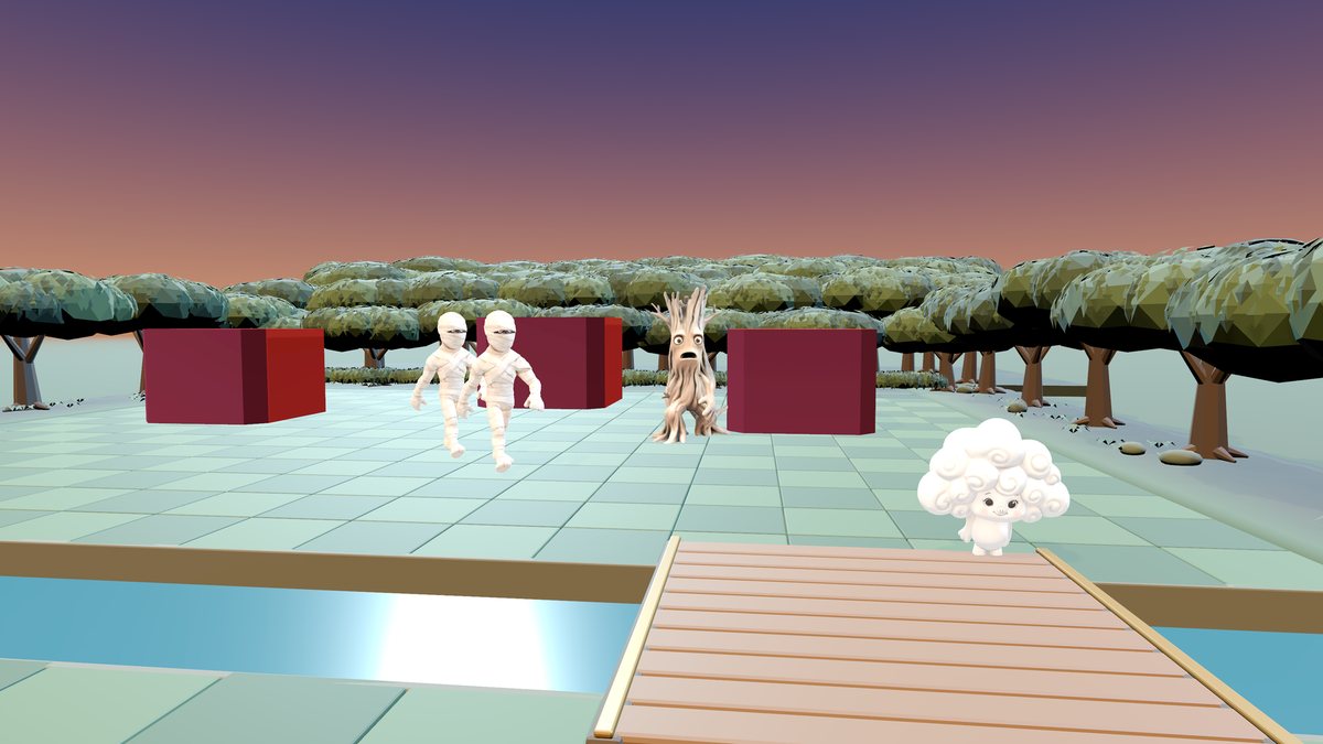 The Refuge arena at dusk: two mummy characters and a tree creature walk across a tiled floor between red blocks, while a fluffy white creature waits by a wooden bridge over a stream.